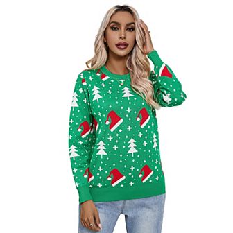 Women Long Sleeve Vintage Oversized Reindeer Snowflakes Crew Neck Knit Christmas Pullover Sweater