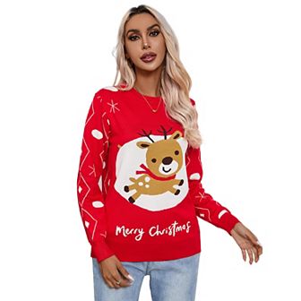 Women Long Sleeve Vintage Oversized Reindeer Snowflakes Crew Neck Knit Christmas Pullover Sweater
