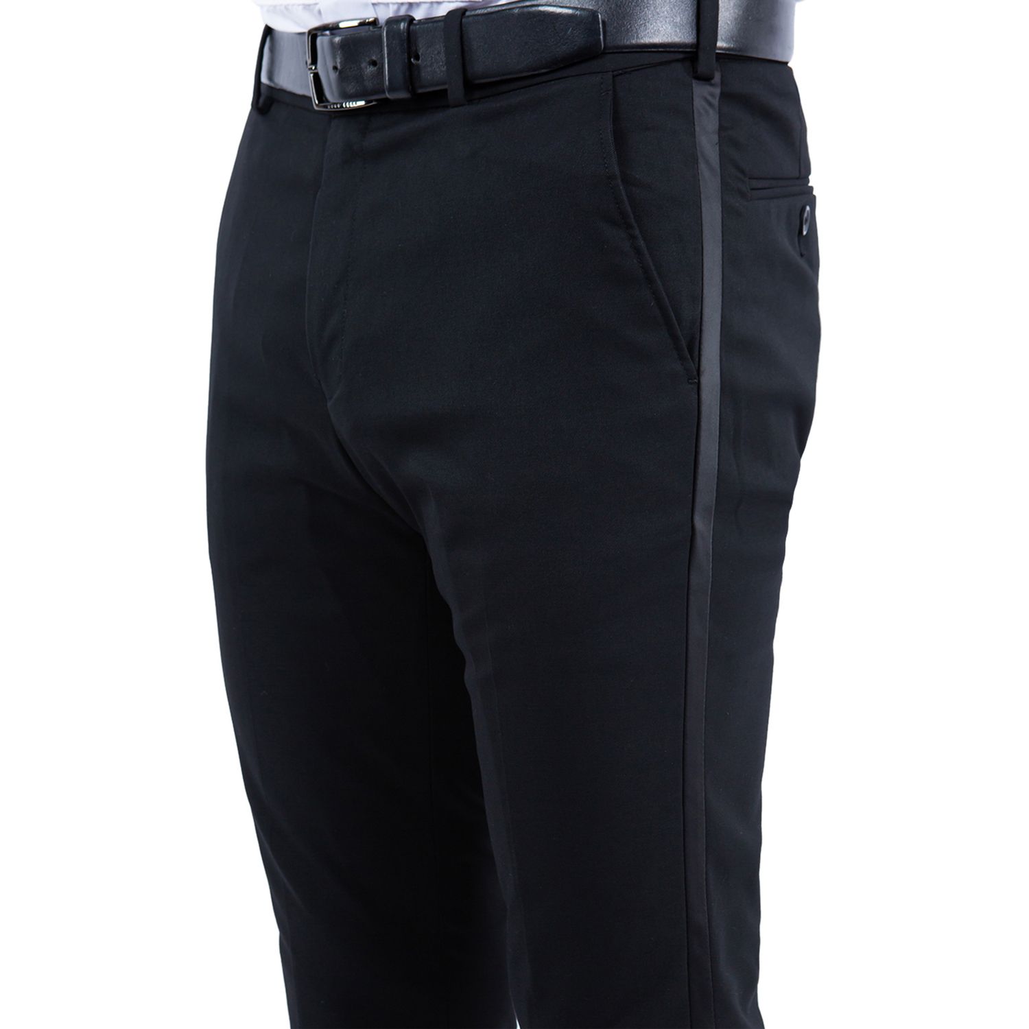 thumbnail image 2 of Men's Black Tuxedo Trousers – Satin Stripe, Formal Evening Pants, Pleated Front, Wool Blend 2 of 4