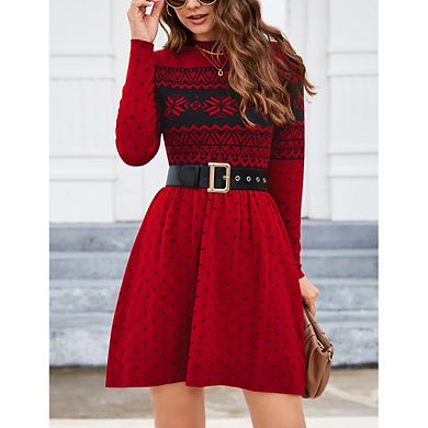 Women Long Sleeve Knitted Crewneck High Waist A-Line Cute Mini Sweater Dress Christmas