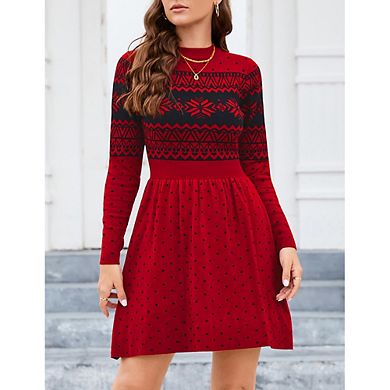 Women Long Sleeve Knitted Crewneck High Waist A-Line Cute Mini Sweater Dress Christmas