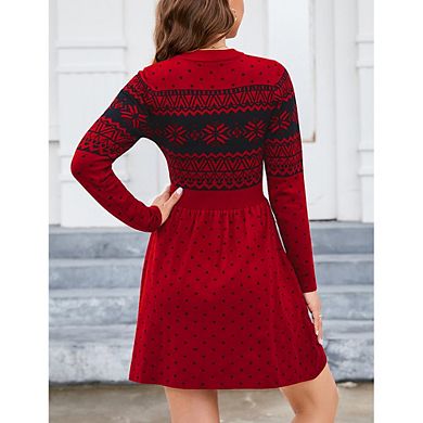 Women Long Sleeve Knitted Crewneck High Waist A-Line Cute Mini Sweater Dress Christmas