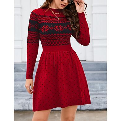 Women Long Sleeve Knitted Crewneck High Waist A-Line Cute Mini Sweater Dress Christmas