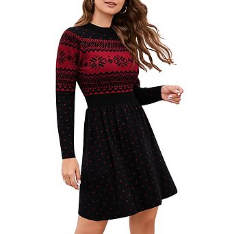 Women Long Sleeve Knitted Crewneck High Waist A-Line Cute Mini Sweater Dress Christmas