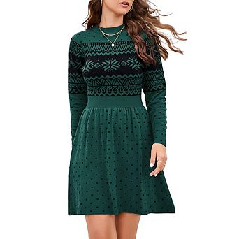 Women Long Sleeve Knitted Crewneck High Waist A-Line Cute Mini Sweater Dress Christmas