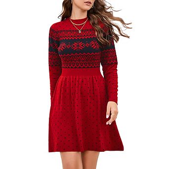Women Long Sleeve Knitted Crewneck High Waist A-Line Cute Mini Sweater Dress Christmas