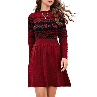 Women Long Sleeve Knitted Crewneck High Waist A-Line Cute Mini Sweater Dress Christmas