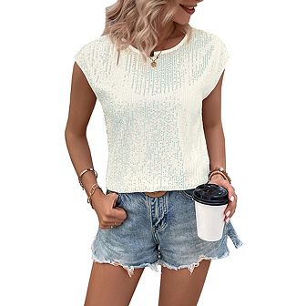 Women Sequin Tank Tops Sleeveless Sparkle Shimmer Crew Neck Vest Tops Glitter Camisole