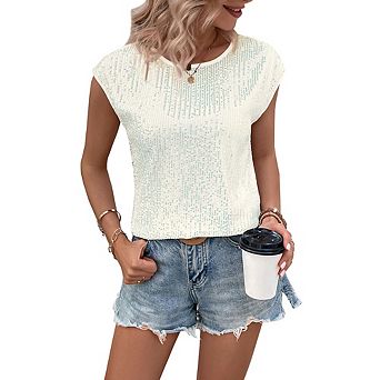 Women Sequin Tank Tops Sleeveless Sparkle Shimmer Crew Neck Vest Tops Glitter Camisole