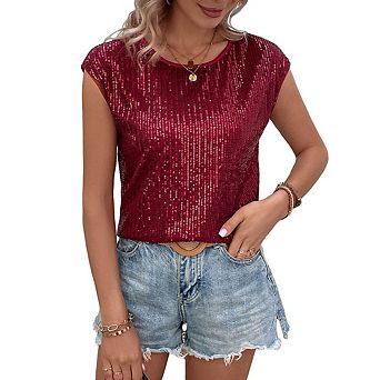 Women Sequin Tank Tops Sleeveless Sparkle Shimmer Crew Neck Vest Tops Glitter Camisole