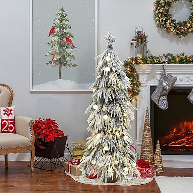 LuxenHome 4.5ft Pre-lit Snow Flocked Slender Fir Artificial Christmas Tree