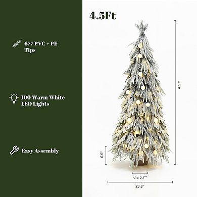 LuxenHome 4.5ft Pre-lit Snow Flocked Slender Fir Artificial Christmas Tree