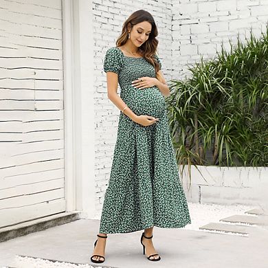 Womens Summer Spring Smocked Wedding Guest Maternity Maxi Dress Casual Short Sleeve Floral Long