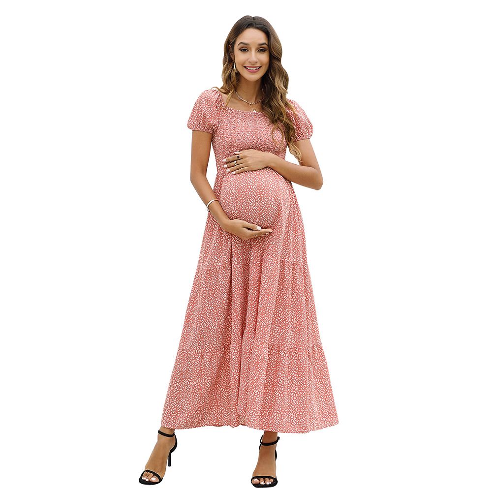 Womens Summer Spring Smocked Wedding Guest Maternity Maxi Dress Casual  Short Sleeve Floral Long