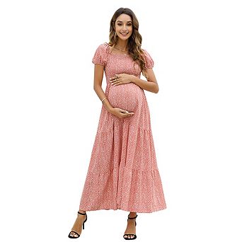 Womens Summer Spring Smocked Wedding Guest Maternity Maxi Dress Casual Short Sleeve Floral Long