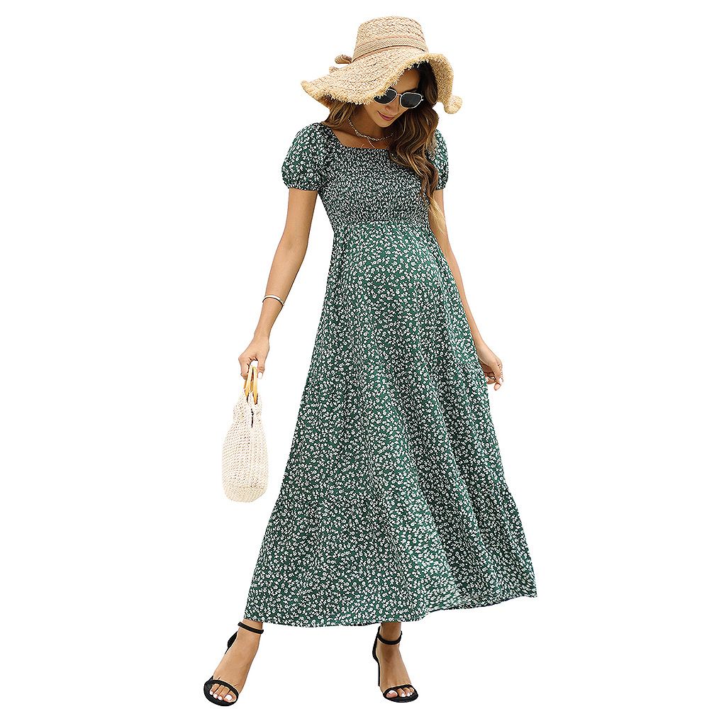 KOJOOIN Womens Maternity Dress Summer Sleeveless Smocked Square Neck Ruffle Casual Boho Midi Dress Baby Shower Photoshoot, Blue Floral-1, Small
