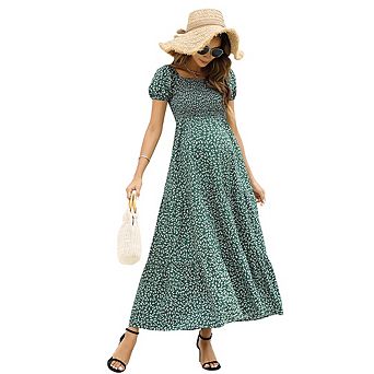 Womens Summer Spring Smocked Wedding Guest Maternity Maxi Dress Casual Short Sleeve Floral Long
