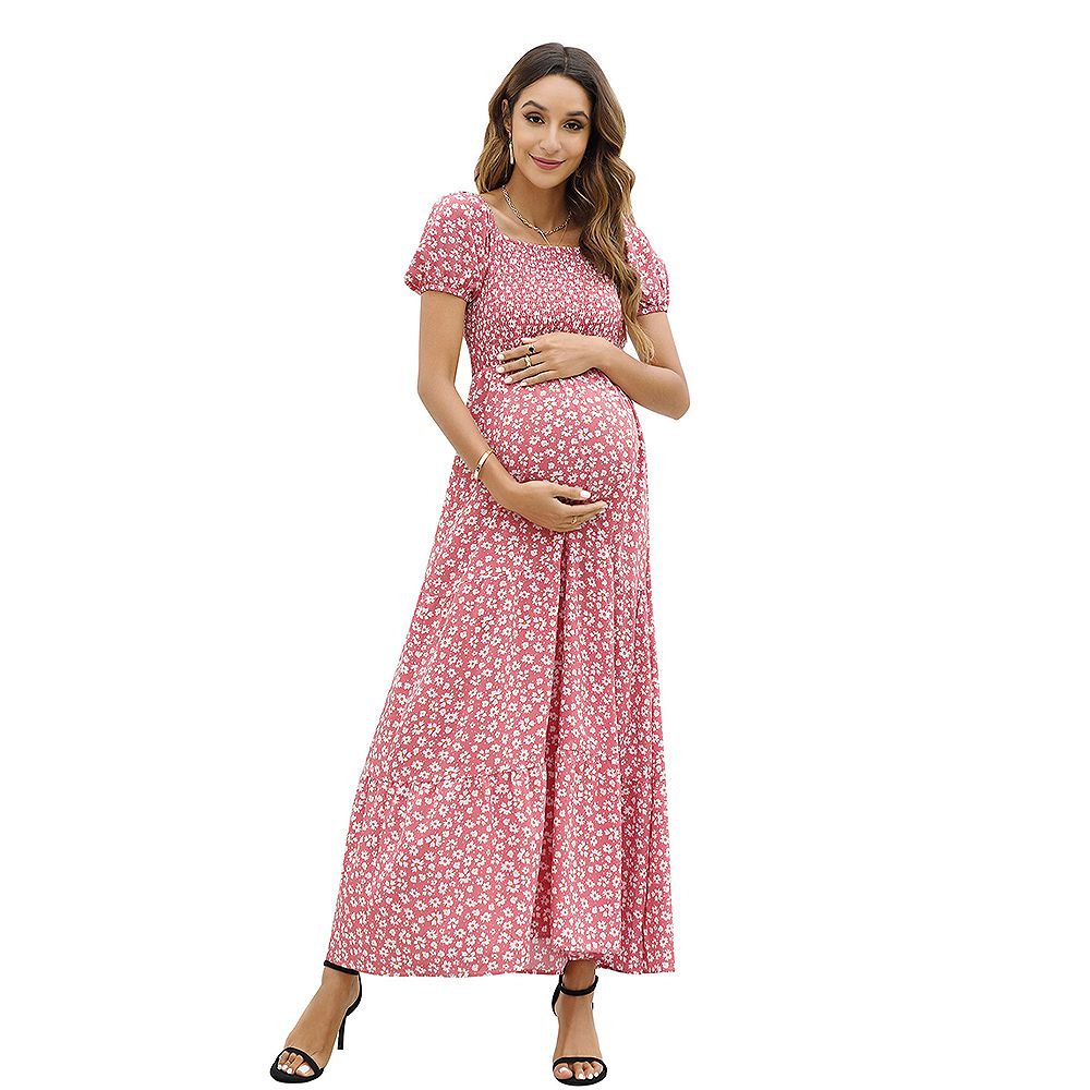 Womens Summer Spring Smocked Wedding Guest Maternity Maxi Dress Casual Short Sleeve Floral Long