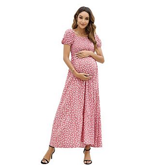 Womens Summer Spring Smocked Wedding Guest Maternity Maxi Dress Casual Short Sleeve Floral Long