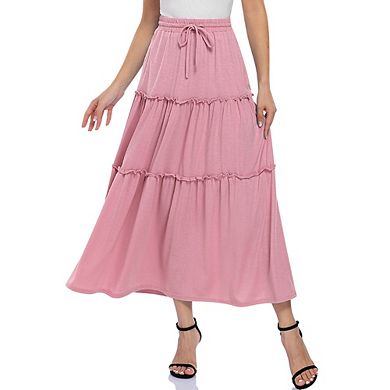 Womens Boho Black Midi Maxi Skirt Ruffle Tiered Long Skirts With Pockets