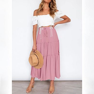 Womens Boho Black Midi Maxi Skirt Ruffle Tiered Long Skirts With Pockets