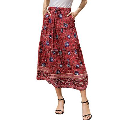 Womens Boho Black Midi Maxi Skirt Ruffle Tiered Long Skirts With Pockets