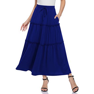 Womens Boho Black Midi Maxi Skirt Ruffle Tiered Long Skirts With