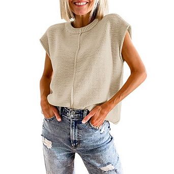 Womens Sleeveless Sweater Vest Crew Neck Cap Sleeve Knit Pullover Tank Tops