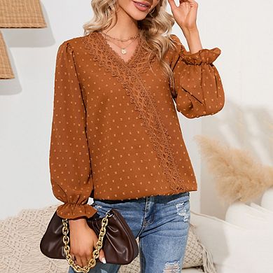 Womens Casual Lace Pom Poms Blouses Long Sleeve V Neck Chiffon Shirts Tops