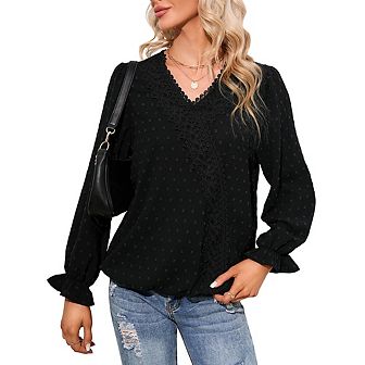 Womens Casual Lace Pom Poms Blouses Long Sleeve V Neck Chiffon Shirts Tops