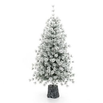 LuxenHome 5.5ft Flocked Full Artificial Christmas Tree Potted