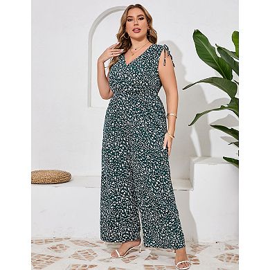 Women Plus Size Wide Leg Jumpsuits Sleeveless One Piece Outfit Elastic Waist Casual Jumpsuits