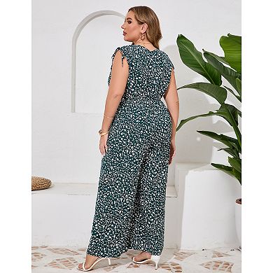 Women Plus Size Wide Leg Jumpsuits Sleeveless One Piece Outfit Elastic Waist Casual Jumpsuits