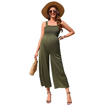 Maternity Smocked Sleeveless Jumpsuit Loose Wide Leg High Waist Romper Overalls With Pockets