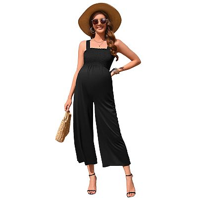 Maternity Smocked Sleeveless Jumpsuit Loose Wide Leg High