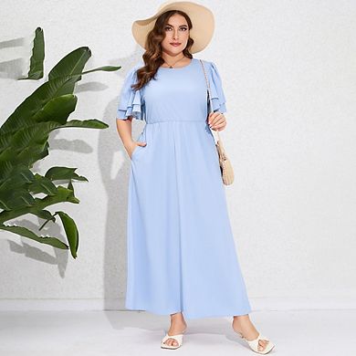 Women Plus Size Maxi Dress Round Neck Ruffle Sleeves High Waist Split Summer Casual Dress Pockets