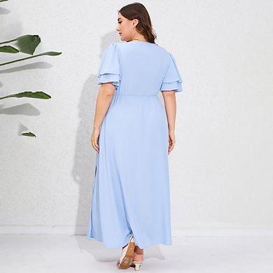 Women Plus Size Maxi Dress Round Neck Ruffle Sleeves High Waist Split Summer Casual Dress Pockets