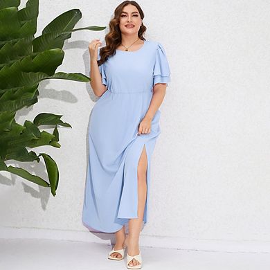 Women Plus Size Maxi Dress Round Neck Ruffle Sleeves High Waist Split Summer Casual Dress Pockets