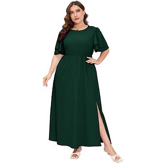 Women Plus Size Maxi Dress Round Neck Ruffle Sleeves High Waist Split Summer Casual Dress Pockets