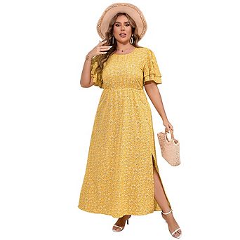 Women Plus Size Maxi Dress Round Neck Ruffle Sleeves High Waist Split Summer Casual Dress Pockets