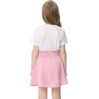 Girls 2pcs Cute Color Printed Short Sleeve Shirt And Elastic High Waist Bow A-line Skirt Sets