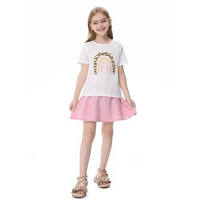 Girls 2pcs Cute Color Printed Short Sleeve Shirt And Elastic High Waist Bow A-line Skirt Sets