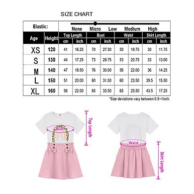 Girls 2pcs Cute Color Printed Short Sleeve Shirt And Elastic High Waist Bow A-line Skirt Sets