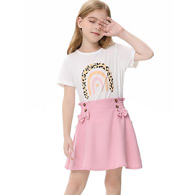 Girls 2pcs Cute Color Printed Short Sleeve Shirt And Elastic High Waist Bow A-line Skirt Sets