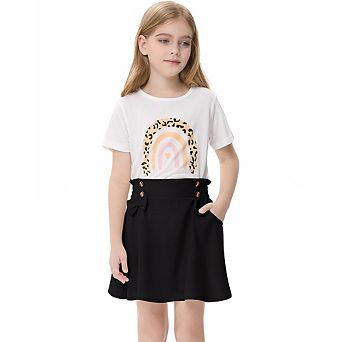 Girls 2 pc Cute Color Printed Short Sleeve Shirt And Elastic High Waist Bow A-line Skirt Sets