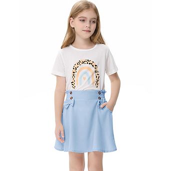 Girls 2 pc Cute Color Printed Short Sleeve Shirt And Elastic High Waist Bow A-line Skirt Sets