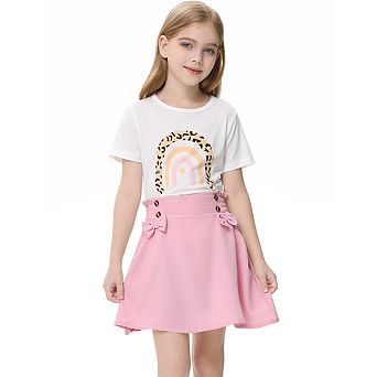 Girls 2 pc Cute Color Printed Short Sleeve Shirt And Elastic High Waist Bow A-line Skirt Sets