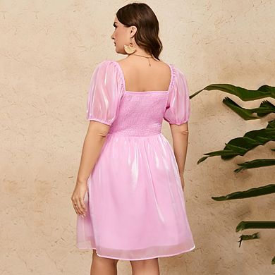 Women's Plus Size Tulle Dress Square Neck Puffy Babydoll Mesh Mini Dress