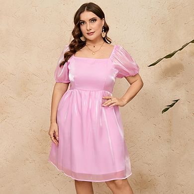 Women's Plus Size Tulle Dress Square Neck Puffy Babydoll Mesh Mini Dress