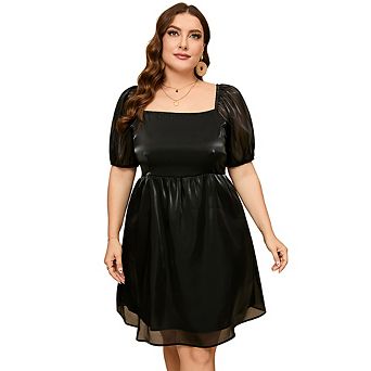 Women's Plus Size Tulle Dress Square Neck Puffy Babydoll Mesh Mini Dress